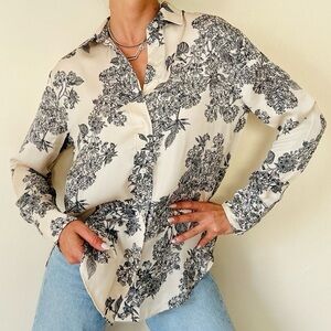 H&M Cream and Black Floral Button Down Shirt L made in Indonesia.